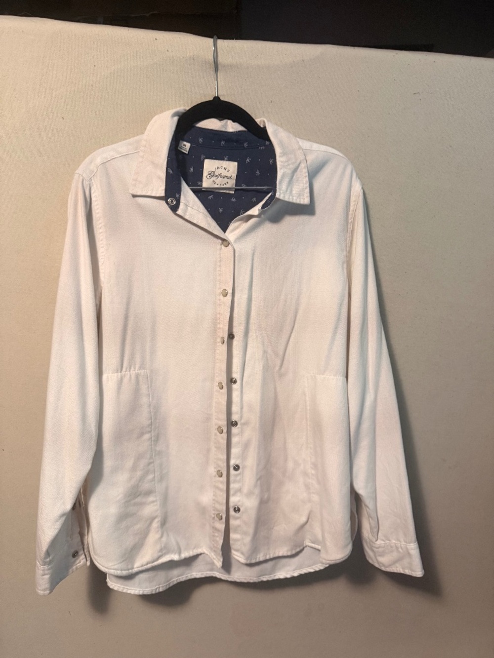 Women's medium button up - Jach's Girlfriend. White - very faint plaid pattern